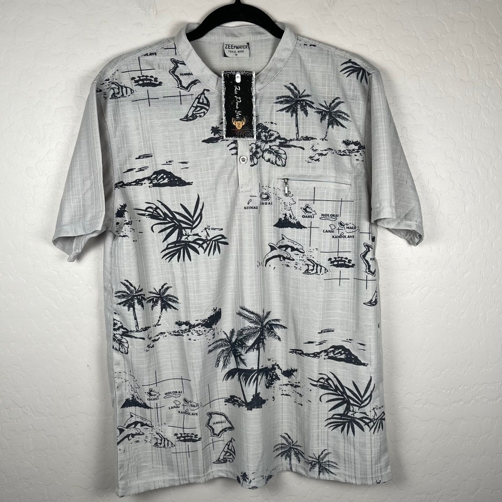 Zeepmayer Mens Hawaiian Shirt Medium Island Map Print‎ Button Up Aloha